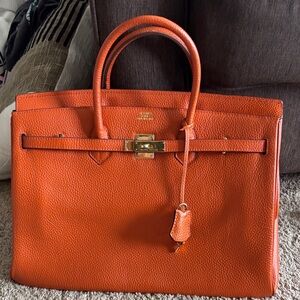 Large Leather Top-Handle Tote in Orange